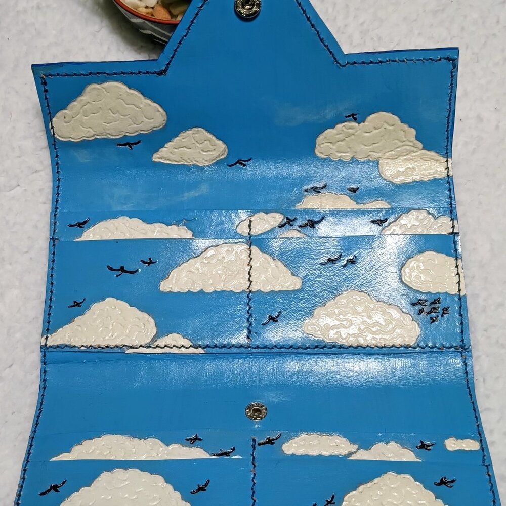 Hand Painted "Clouds&Birds In The Sky" Long Wallet Blue/White/Black